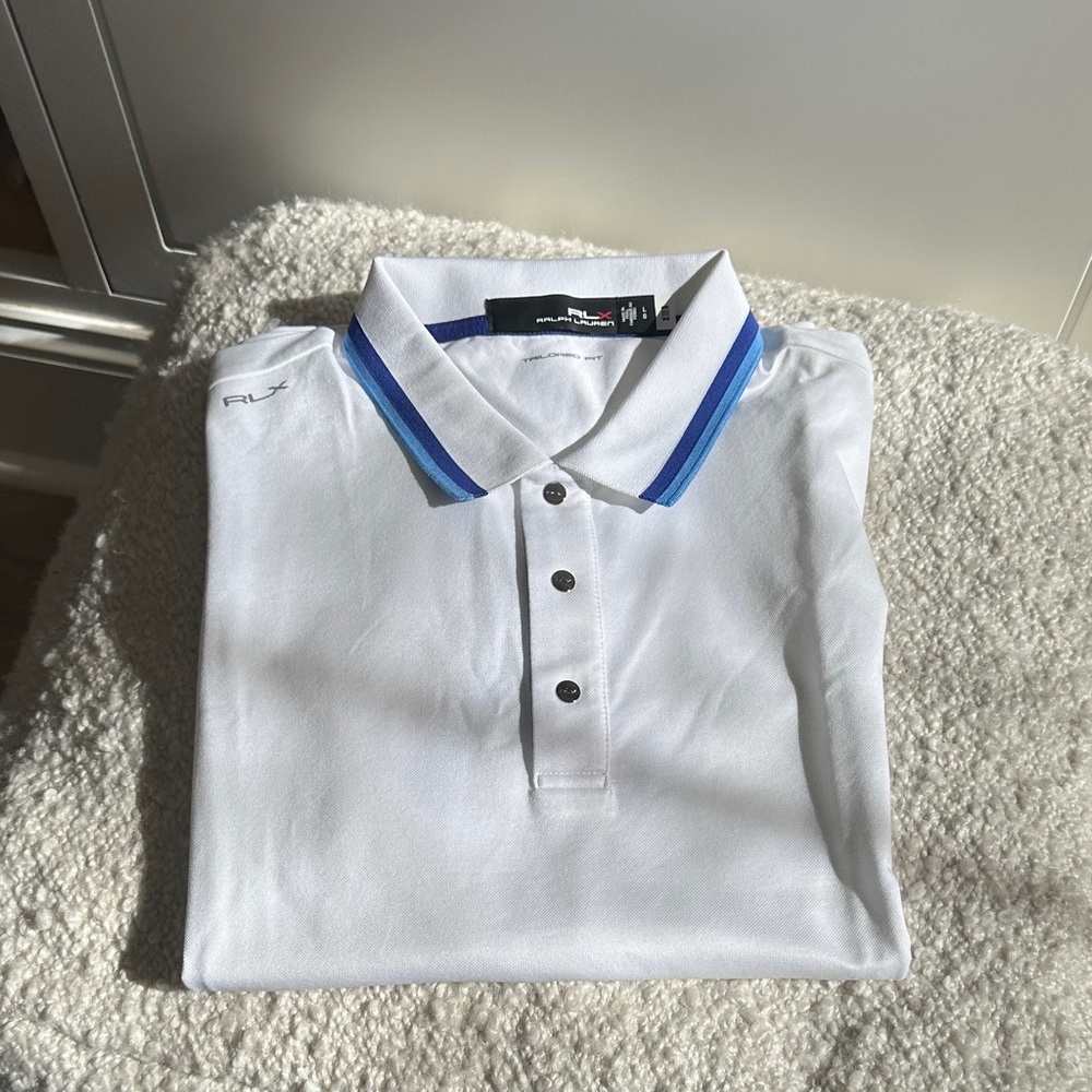 RLX Ralph Lauren White Golf Shirt with Blue Accents